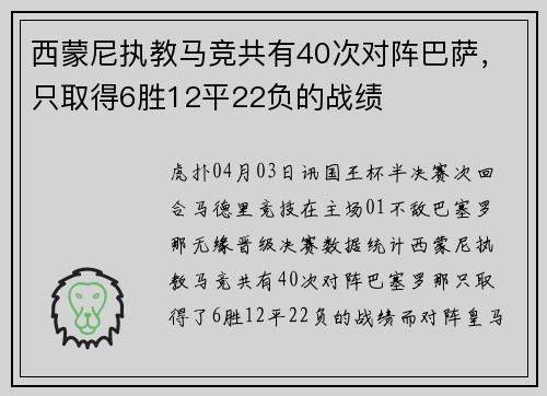 西蒙尼执教马竞共有40次对阵巴萨，只取得6胜12平22负的战绩